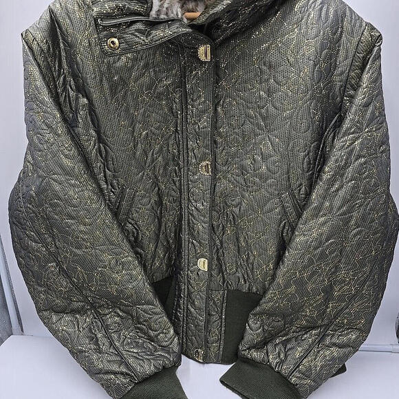 Baby Phat Y2K Gold/Green Embroidered‎ Beaded Fur Hooded Bomber Jacket 4x - Picture 2 of 16